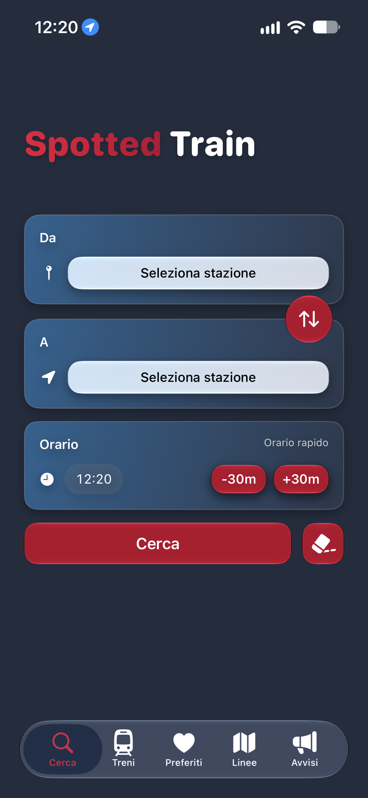 Spotted Train: ricerca dei treni con stazione di partenza, destinazione e orario